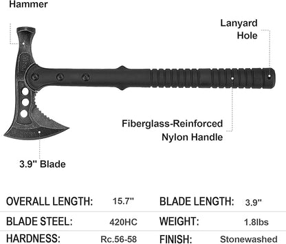 Camping Axe, Survival Chopping Hatchet with Sheath, Tactical Tomahawk with Hammer, Nylon Fiber Handle for Outdoor Survival Hiking Camping