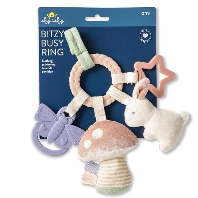 Itzy Ritzy Teething Activity Toy - Bitzy Busy Ring Features Braided Teething Ring and Dangling Toys; Includes Teether, Textured Ribbons, Crinkle Sound & Jingle Bell, Bunny RNG8497
