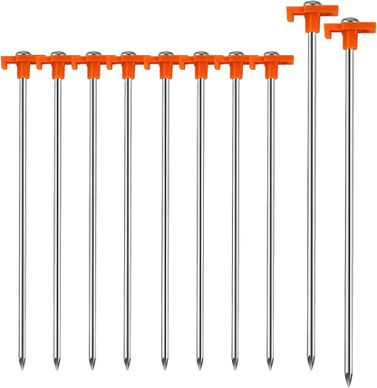 10 Pack Tent Stakes - 9.75 Inch Galvanized Non-Rust Ground Stakes Heavy Duty Canopy Anchors Metal Tent Pegs for Camping, Garden, Hiking, Orange