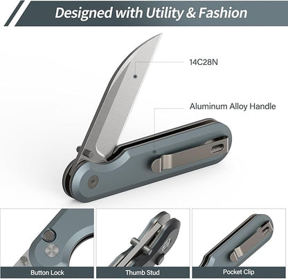 FINTISO Pocket Knife, 3" 14C28N Blade EDC Knife with Aluminum Alloy Handle, Folding Knife with Pocket Clip for Outdoor Camping, Hunting, Hiking, Survival, Parrot Series