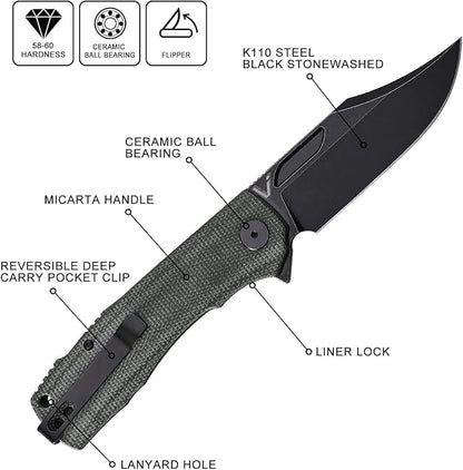 Petrified fish PFP03 Victor,3.58" K110 Satin Blade,140g Micarta Handel Flipper Liner lock Folding knife (Green Dark Stonewashed)
