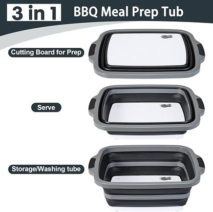 Collapsible BBQ Prep Tubs with Lids, Grill Cutting Board, Camping Sink with Drainage Hole for Meal Prep, Fruit Wash and Food Storage, Marinating Container, 16L Black Tub 20"
