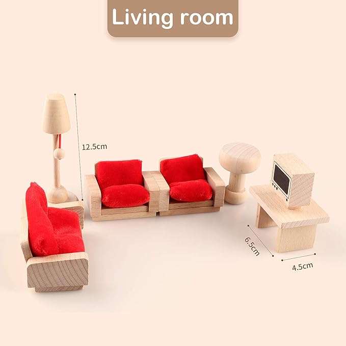 5 Set Dollhouse Furniture Accessories Wooden Bathroom/Living Room/Dining Room/Bedroom/Kitchen House 6 Family Doll Decoration Pretend Play Kids Christmas Birthday Gifts for Girls Toys 40 Pcs