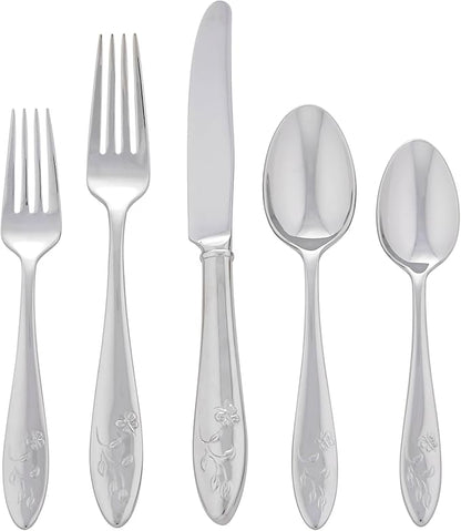 Lenox Silverware Set For 12, Butterfly Meadow 65-Piece Flatware Set, Service For 12, 18/10 Stainless Steel, Dishwasher Safe, Butterfly and Flower Motif, Includes Serving Utensils (Silver, 65 Piece)