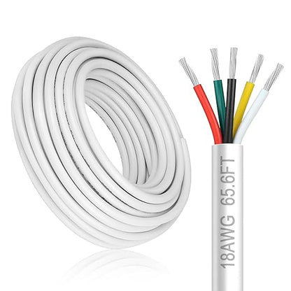 18 Gauge 5 Conductor Electrical Wire, 65.6FT White Stranded Low Voltage 18/5