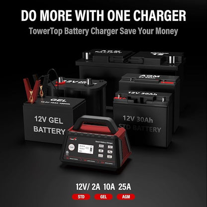 TowerTop 2/10/25 Amp 12V Smart Car Battery Charger, Fully Automatic Battery