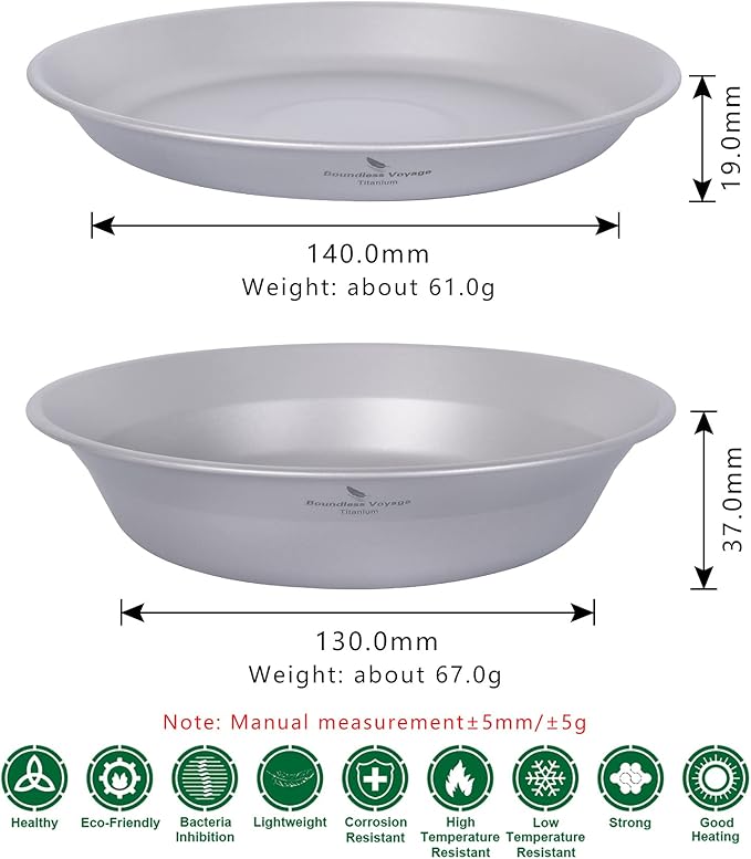 iBasingo Titanium Camping Plates and Bowls Set with Mesh Bag - 174mm Ultralight Backpacking Dinnerware for Hiking, Survival Kit & Outdoor Cooking (61g Plate + 67g Bowl) Ti1113T