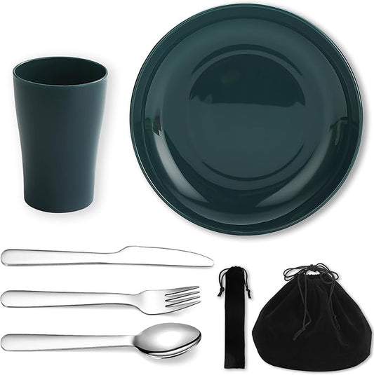 Evanda Camping Cutlery Set, Reusable Light Weight Mug, Plate and Stainless Steel Cutlery Set with Black Bag, Dishwasher Safe