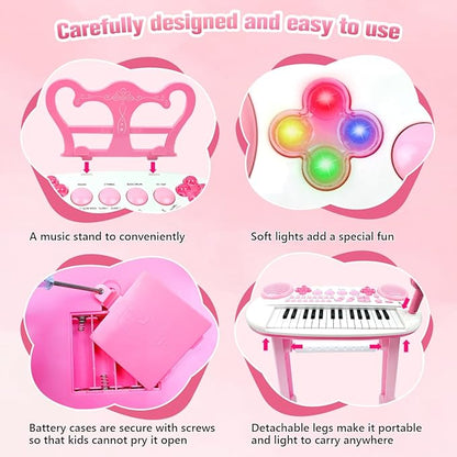 31-Key Rose Pink Kids Piano Toy Keyboard with Bench - Portable Electronic Multi-Functional Music Instrument with Microphone, Ideal Christmas & Birthday Gift for Girls & Kids Aged 3-5 Years Old