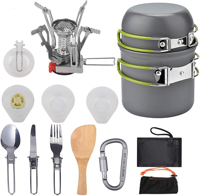 Peidesi Camping Cookware Mess Kit, Portable Camp Stove Pots and Pans Set, Carabiner, Folding Knife, Fork Spoon Kit, Carry Mesh Bag, for Backpacking
