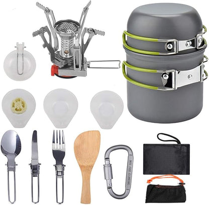 Peidesi Camping Cookware Mess Kit, Portable Camp Stove Pots and Pans Set, Carabiner, Folding Knife, Fork Spoon Kit, Carry Mesh Bag, for Backpacking