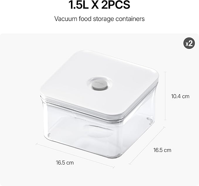 VAKUEN Premium Airtight Food Storage Containers, Square 2PC/Set(1.48qt/1.5Lx2pcs), Smart One-Click Seal Lid, No Hinges, 100% Leak Proof, BPA-FREE, Dishwasher, Freezer & Microwave Safe