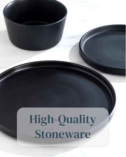 Stoneware dinnerware set 4 persons 12 pcs – Matte black plates and bowls set – Dishwasher, microwave and scratch resistant – Bowl and plate set – Dinner service Pure Living