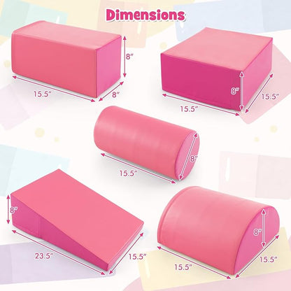 HONEY JOY 5-Piece Climb and Crawl Playset, Soft Climbing Foam Block Activity Play Structure Gym Equipment for Infant Baby, Color Coordination, Waterproof Indoor Climbing Toys for Toddlers (Pink)