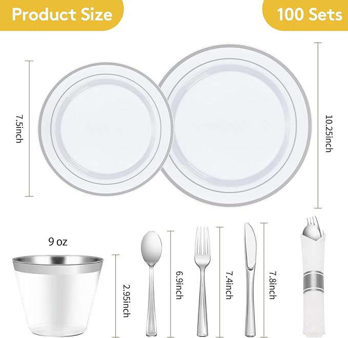 Goodluck 700 Piece Silver Plastic Dinnerware Set for 100 Guests, Disposable Plates for Party, Include: 100 Dinner Plates, 100 Dessert Plates, 100 Pre Rolled Napkins with Silverware, 100 Cups