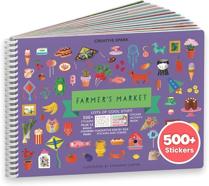 CUPKIN Sticker Book for Kids 2-4, 500+ Kids Stickers, Farmer's Market 12 Coloring Pages 12 Side by Side Scenes, Fun Toddler Travel Activity Coloring and Sticker Books for Children Ages 4-8 + 8-10