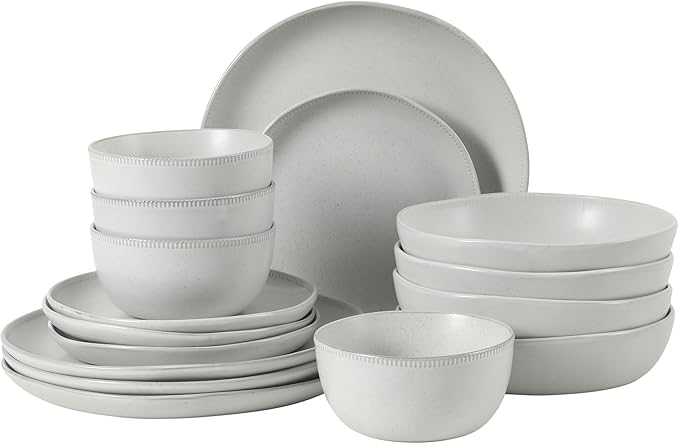 Gibson Elite Menlo Park 16-Piece Pottery Clay Stoneware Dinnerware Set – White Reactive Glaze, Embossed Plates and Bowls W/Pasta Bowl, Service for 4 – Microwave & Dishwasher Safe