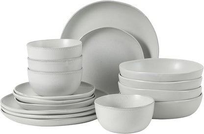 Gibson Elite Menlo Park 16-Piece Pottery Clay Stoneware Dinnerware Set – White Reactive Glaze, Embossed Plates and Bowls W/Pasta Bowl, Service for 4 – Microwave & Dishwasher Safe