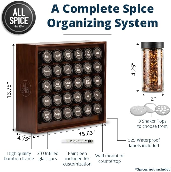 AllSpice Spice Rack Organizer, 525 Unique Labels, Countertop or Wall Mount