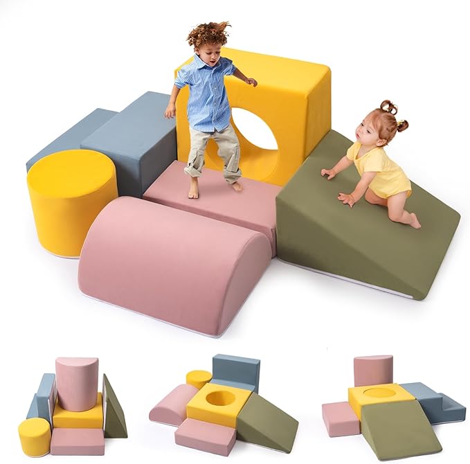6-Piece Foam Climbing Blocks, Kids Climb and Crawl Soft Play Set, Machine Washable Cover, Baby Indoor Activity Play Structure, Climbing Toys for Toddlers 1-3 (Multi-Color, no Ball Pit)