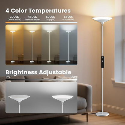SIBRILLE White Torchiere Floor Lamp - 30W Dimmable LED Standing Lamp