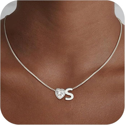 Christmas Gifts Gold/Silver Heart Initial Necklaces for Women Girls Teens Kids Non Tarnish 14k Gold Plated Letter Heart Zirconia Pendant Necklace Dainty Initial Name Necklace Jewelry for Women
