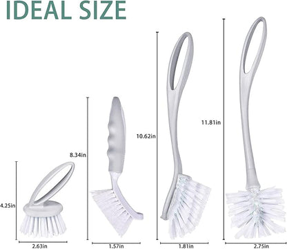 Dish & Bottle Brush Set, 4-Piece Kitchen Cleaning Brushes, Plastic Handles