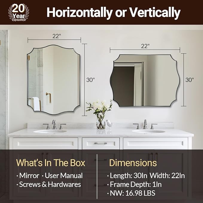ANDY STAR Chrome Bathroom Mirror, 22x30 Inch Polished Nickel Vanity Mirror