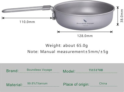 Boundless Voyage Ultra-light Titanium Frying Pan with Folding Handle Outdoor Camping Skillet Griddle Tableware Titanium Pan Ti15170B