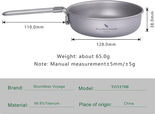 Boundless Voyage Ultra-light Titanium Frying Pan with Folding Handle Outdoor Camping Skillet Griddle Tableware Titanium Pan Ti15170B