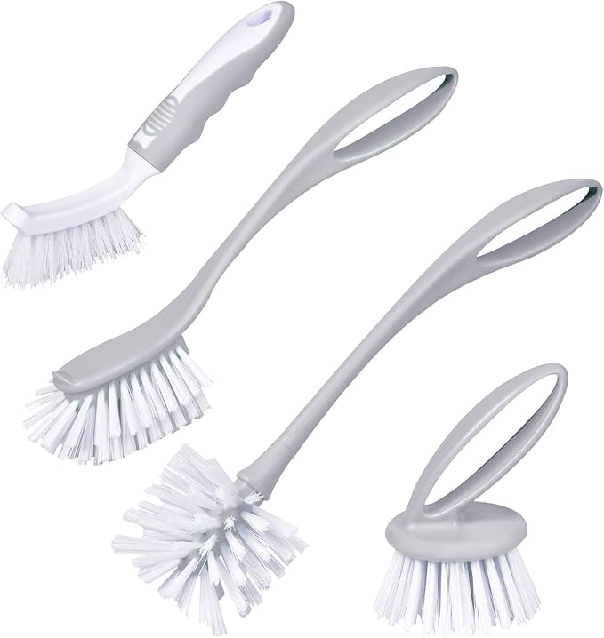 Dish & Bottle Brush Set, 4-Piece Kitchen Cleaning Brushes, Plastic Handles
