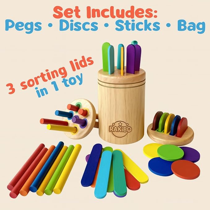 Montessori Color Sorting Toy for Toddlers Ages 1-5 – Wooden Fine Motor Skills Toy with Pegs, Sticks, Lids & Discs – Sensory Educational Activity – Gift-Ready in Box Learning Toy