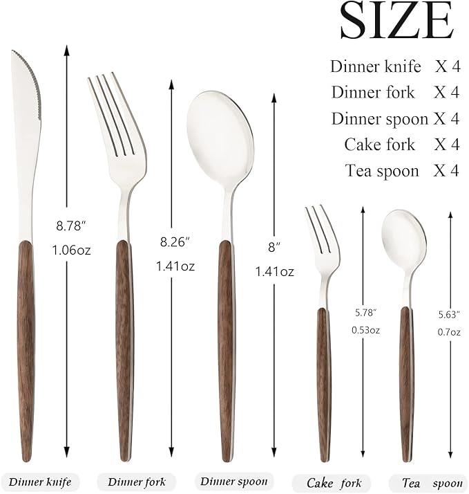 20 Piece (4 Set) Wood Handle Silverware Set, Retro 18/0 Stainless Steel Cutlery Set, Kitchen Utensils Include Knife Fork Spoon, Mirror Polish, Silver