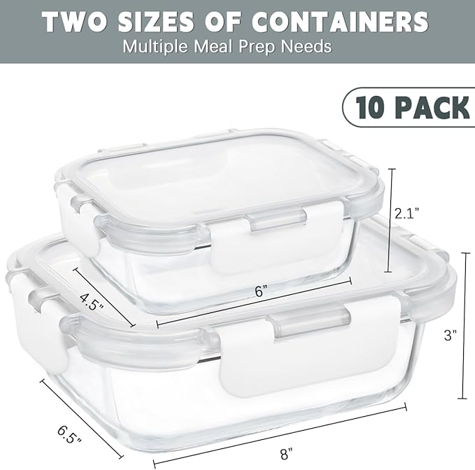 KAMOTA Glass Food Storage Containers, 10 Pack Glass Meal Prep Containers, Airtight Containers with Snap-Lock Lids, 34 oz and 13 oz white Container Set with Lids, for Microwave/Oven/Freezer