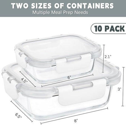 KAMOTA Glass Food Storage Containers, 10 Pack Glass Meal Prep Containers, Airtight Containers with Snap-Lock Lids, 34 oz and 13 oz white Container Set with Lids, for Microwave/Oven/Freezer