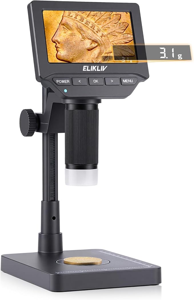 Elikliv EDM4C Coin Microscope with Scale：4.3" Digital Microscope with Adjustable LED, Error Coin Magnifier with Screen & Weighing Scope for Collectors, Jewelers, Students, Windows/Mac Compatible