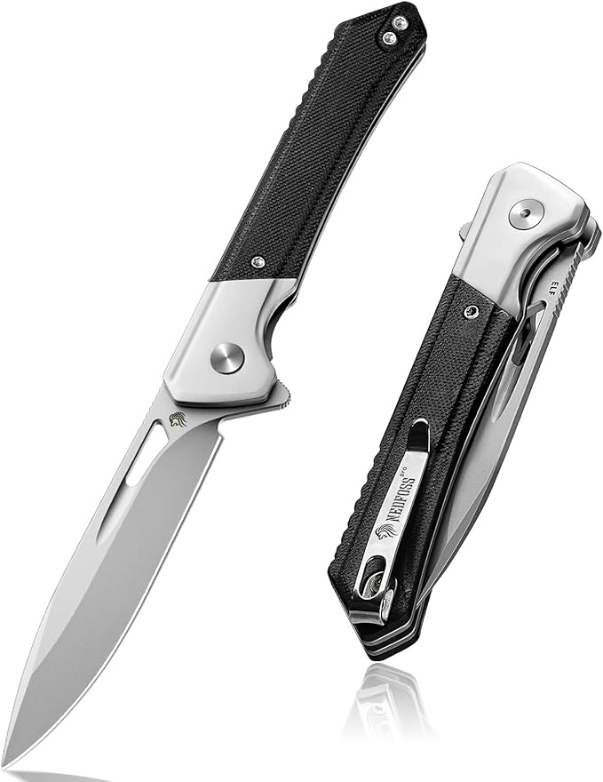 NedFoss ELF Pocket Knife, 3.3" D2 Blade EDC Knife with G10 Handle, Flipper Open, Deep Carry Pocket Clip, Lightweight Slim Utility Folding Knives for Men Women
