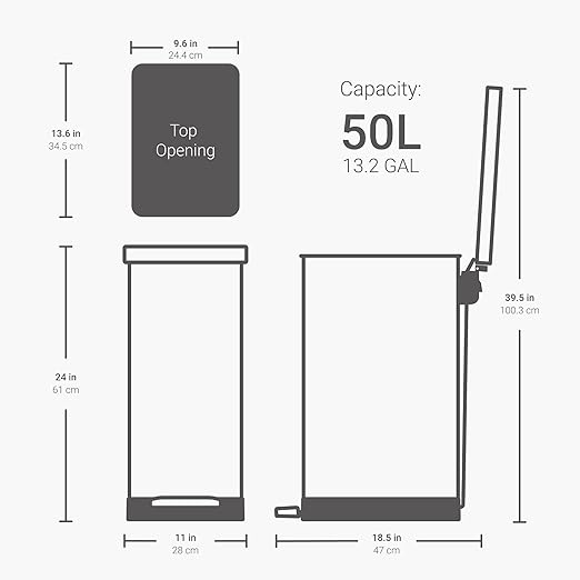 QUALIAZERO 50L / 13 Gallon Stainless Steel Step-On Kitchen Trash Can Soft-Close