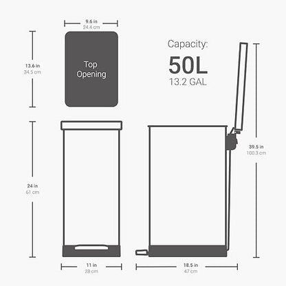 QUALIAZERO 50L / 13 Gallon Stainless Steel Step-On Kitchen Trash Can Soft-Close