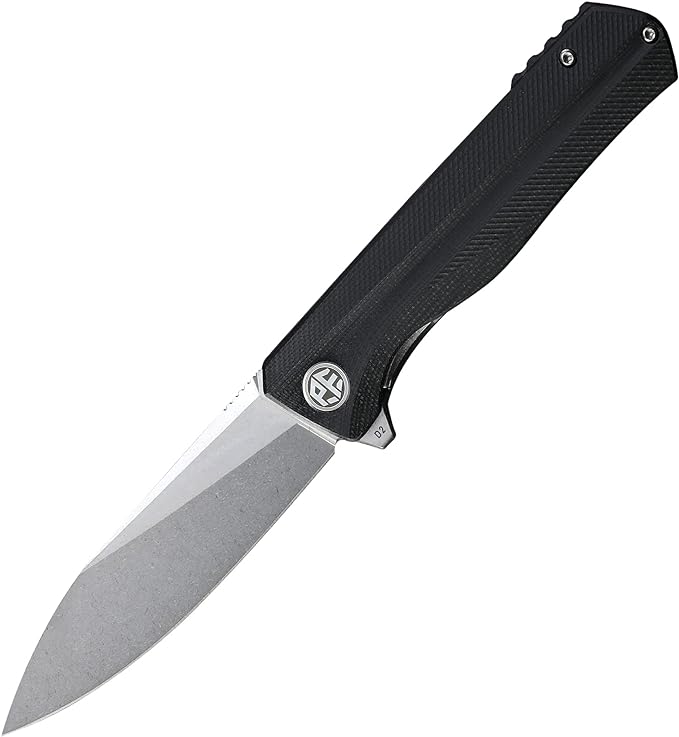 Petrified fish G10 handle D2 steel blade 2CR13 liner ball bearing flipper folding knife camping hunting EDC pocket tool PF818 (Black, Stonewash)