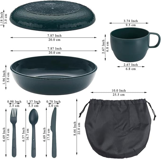 Berglander Camping Mess Kit with Bowl, Plate, Cup, Spoon, Fork, Knife and Carry Bag, Plastic Camping Accessories Essentials Gear for Travel, Camping, Picnic, Outdoor, Easy to Carry & Store