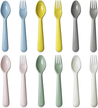 Kids Spoons and Forks Toddler Utensils Plastics Reusable Silverware Baby Cutlery Set Feeding Dinnerware Utensils BPA Free Microwave Dishwasher and Freezer Safe