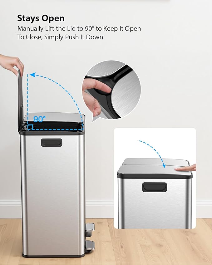 Lovewind Kitchen Trash Can, 2 x 8 Gallon Stainless Steel Trash and Recycle Bin