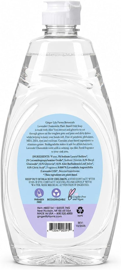 Ginger Lily Farms Botanicals Plant-Based Liquid Dish Soap, Concentrated Formula with Max Grease Cleaning Power, Cruelty-Free, Lavender Chamomile Scent, 24 Fl Oz
