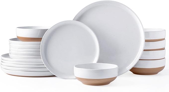 AmorArc Ceramic Dinnerware Sets for 6, 18 Pieces Handpainted Plates and Bowls Set with Rustic Terracotta Underside, Scratch Resistant Stoneware Dishes Set, Dishwasher & Microwave Safe, White