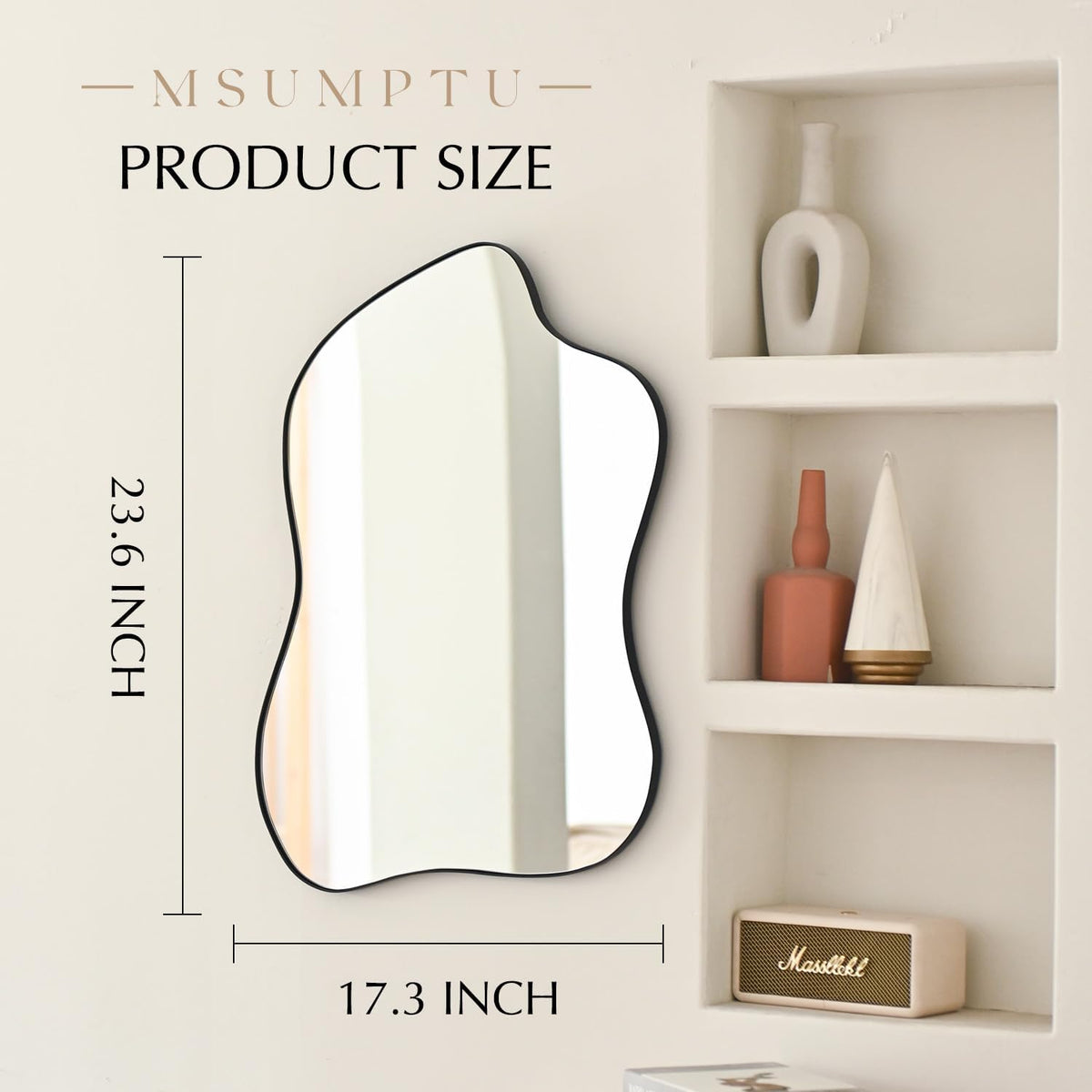 Irregular Wall Mirror Black Wave Shaped Metal Framed Wall Mirror for Bathroom Bedroom Entryway Living Room Wall Decor 24" L x 18" W 2305B