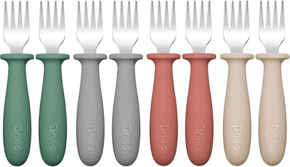 DRKIO 8 Pieces Toddler Forks Set - Baby Forks with Silicone Handle Children safe 18/8 Stainless Steel Toddler Utensils Set for Self Feeding Kids Silverware Anti-Choke Design Food Grade Dishwasher Safe