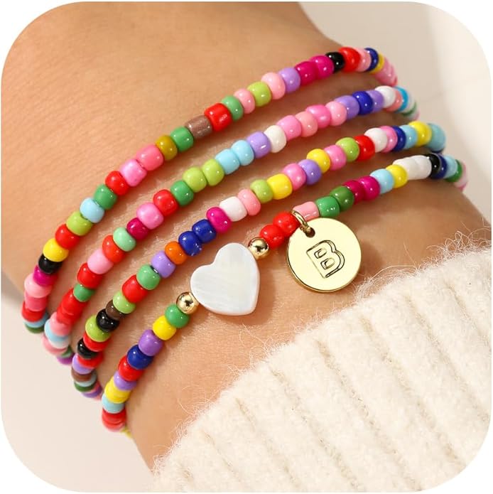 M MOOHAM 4PCS Initial Bracelets for Women Girls - Colorful Beaded Bracelet Heart Initial Bracelet for Women Stackable Layered Boho Bracelets Jewelry Gifts for Kids Teen Girl