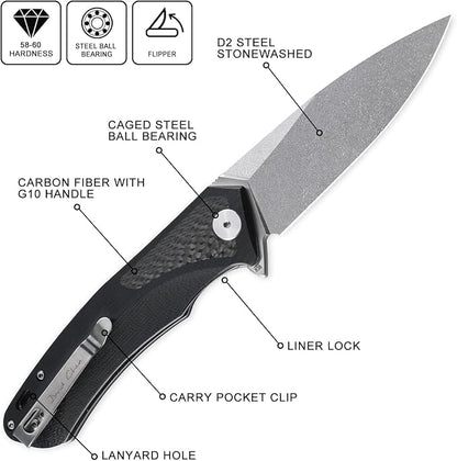 Petrified fish PF838 3.74" D2 steel folding knife outdoor tactical pocket knives G10 handle camping hunting Cutter EDC tool (White Stonewash, White Stonewash)