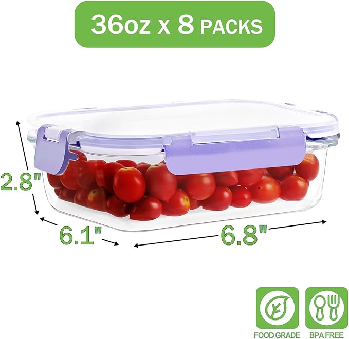 8 Pack 36oz Large Glass Meal Prep Containers